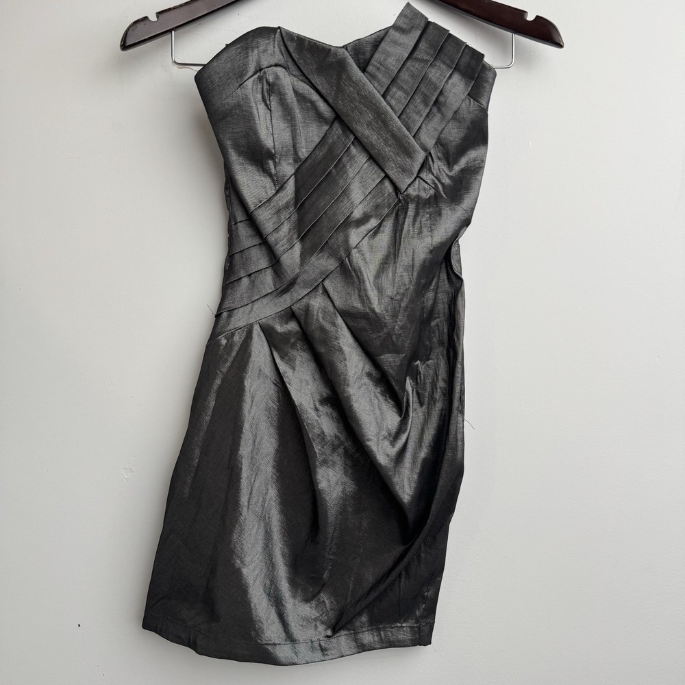 Twenty One Mini Dress Petite Womens Small Grey Gunmetal Taffeta Pleated Bodice